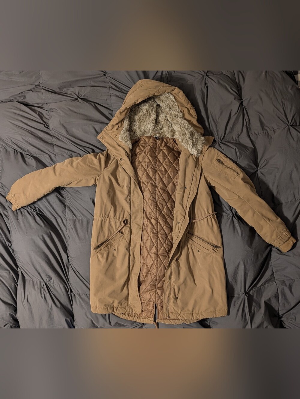 Tan Quilted Hooded Parka Jacket with Faux Fur Lining